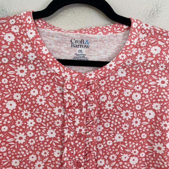 Croft & Barrow Womens Plus XXL Floral 3/4 Sleeve Ruffle Henley Top Shirt - Picture 6 of 9